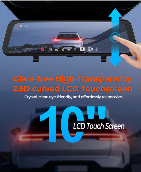 Acumen XR10 Pro 4K Dash Cam Mirror 10” Touchscreen Front & Rear Camera with 24/7 Parking Monitoring