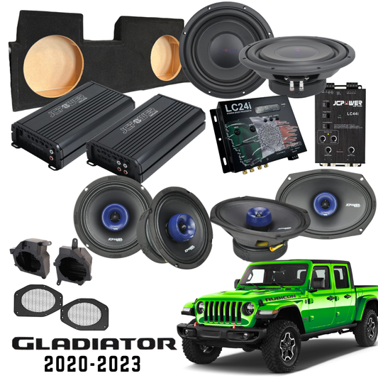 Car audio system pro audio including speakers, subwoofers, and amplifiers for Jeep Gladiator.