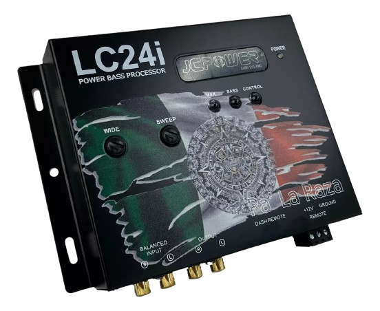 JCPOWER LC24i Power Bass Processor, a digital bass restoration processor with a black casing and multicolor graphics, including a Mexican flag.