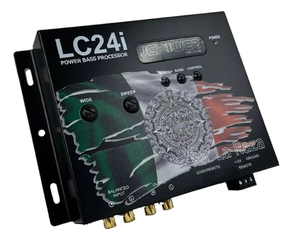 JCPOWER LC24i Power Bass Processor, a digital bass restoration processor with a black casing and multicolor graphics, including a Mexican flag.