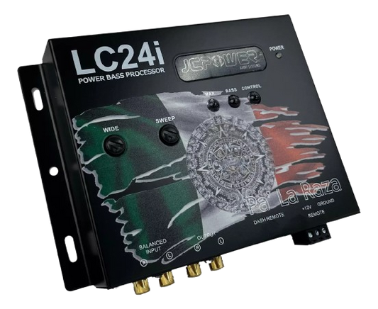 JCPOWER LC24i Power Bass Processor, a digital bass restoration processor with a black casing and multicolor graphics, including a Mexican flag.