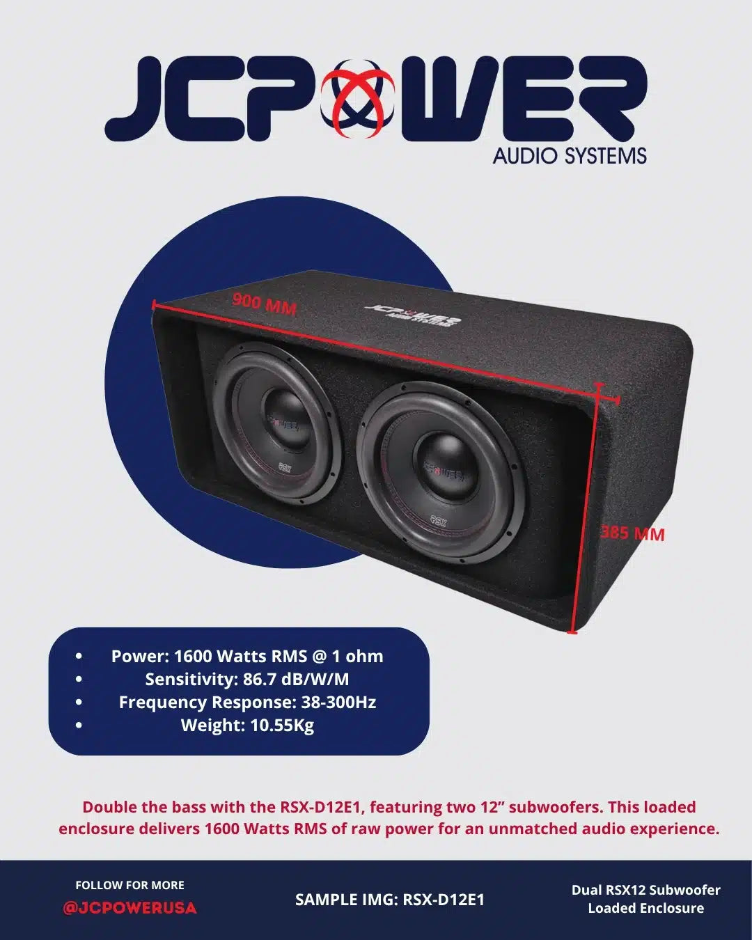 JCPOWER 12" RSX Loaded Subwoofer Enclosure